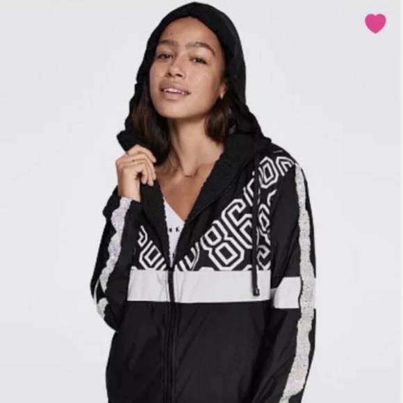 M/L Pink Victoria's Secret Windbreaker Black & White Anorak Jacket Coat - Picture 12 of 12